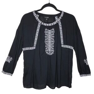 Lucky Brand Embroidered Black Long Sleeve Tunic Top Medium Boho